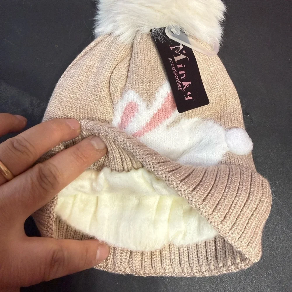 Minky Kids Cream Bunny Pom-Pom Hat